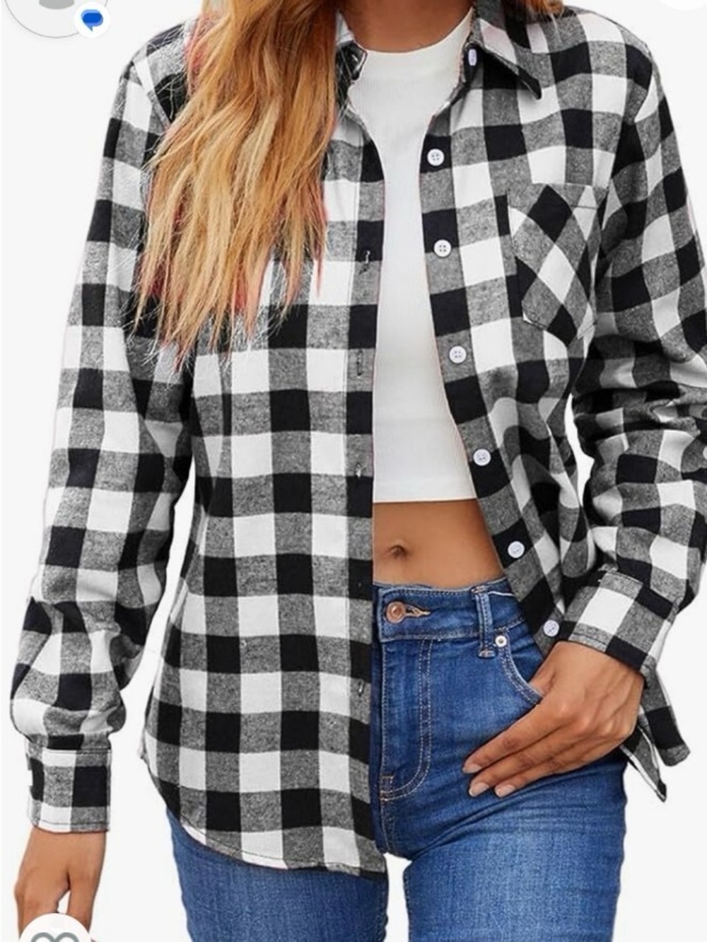New S Women’s flannel Black & White Plaid Button-Down Shirt
